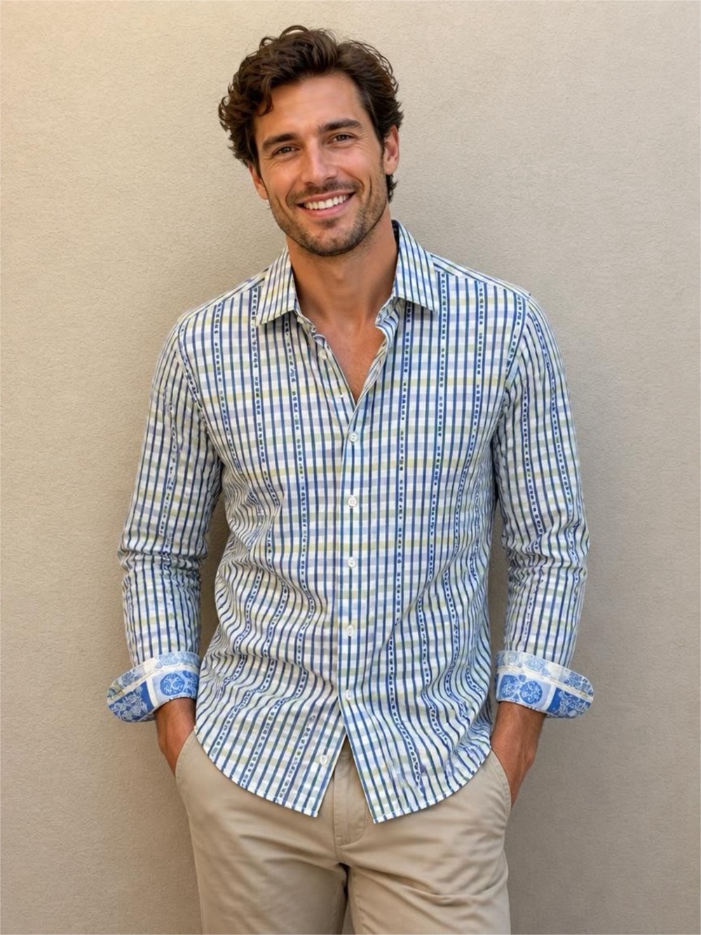 Robert Graham Blue and White Striped Button-Down Shirt Sz L paisley contrast
